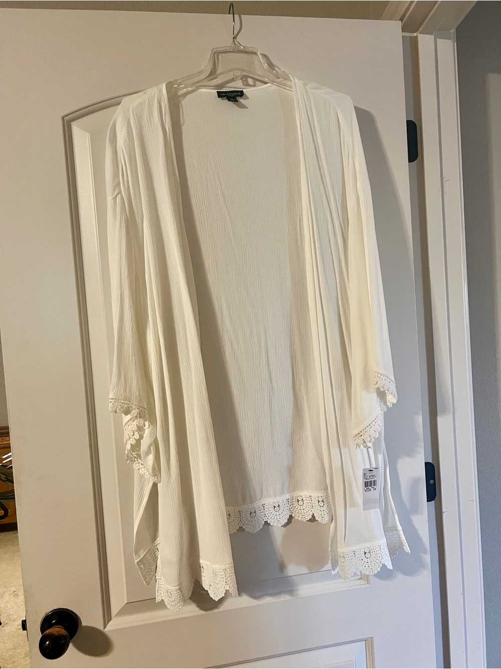White Gauze Open-Front Crochet Trim Kimono Jacket